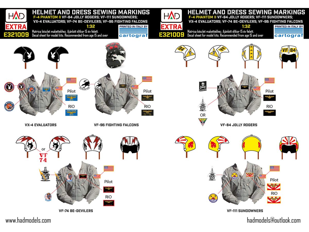 1/32 F-4 ファントム II パイロットヘルメット & ワッペンデカール VX-4 / VF-96 / VF-74 / VF-84 / VF-111