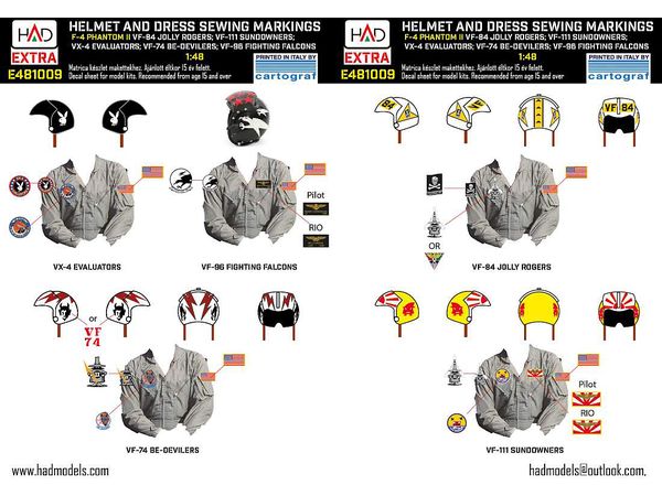 1/48 F-4 ファントムII パイロットヘルメット & ワッペンデカール VX-4、VF-96、VF-74、VF-84、VF-111